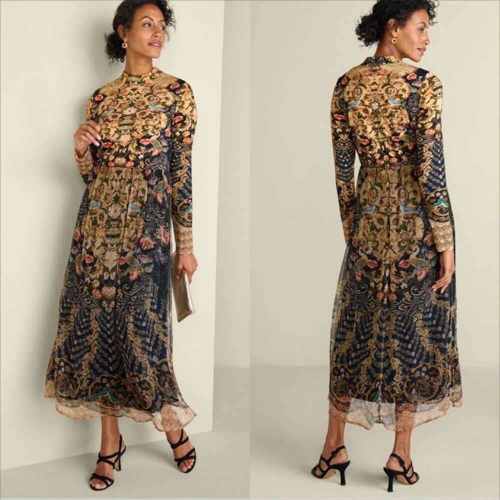 Soft Surroundings Kalista Maxi Dress Size Medium Petite Icon Scarf Bird Floral
